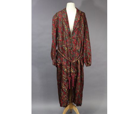 A ‘Jacqmar Fabric’ paisley pattern dressing gown, shoulder width 19”, length 55”; and a ‘Curwen &amp; Sons’ dark green dressi