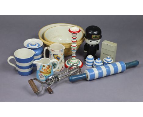 A T.G. Green &amp; Co. blue &amp; white banded Cornish ware rolling pin, 17¾” long; a ditto storage jar &amp; milk jug; &amp;