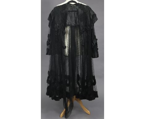 A vintage black satin &amp; lace ladies’ dress, bears label “Oates &amp; Mousson, Stamford”.