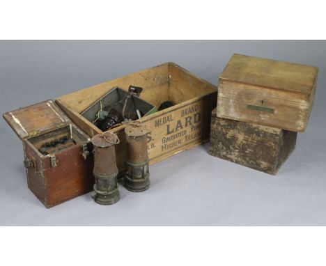 Two brass &amp; steel miner’s lamps, 9½” &amp; 9” high; a Foster’s transformer, cased; a wooden crate “CWS Lard”, 20½” wide; 