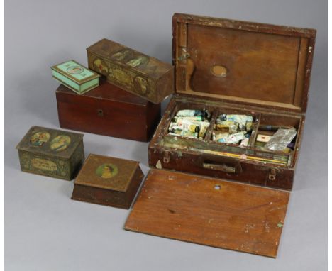 An artist’s mahogany portable paint box with contents, 17” wide; together with a 19th century mahogany two-division tea caddy