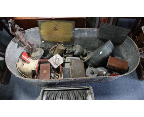 A vintage Spik Home Dry cleaning machine, 16” wide; together with a galvanised-metal bath, 46½” long; five tiles; &amp; sundr