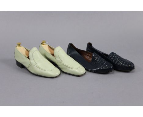A pair of Bally light green leather loafers, size 8½E, with wooden trees; &amp; a pair of R. Martegani blue leather slip-on s