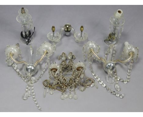 A pair of glass twin-branch wall lights hung with prism drops &amp; strands-of-beads, 14¾” wide x 10½” high; together with fo