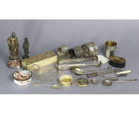A bone cribbage box, 5” wide; an enamelled circular pill box, - both w.a.f.; three silver plated napkin rings; &amp; sundry o