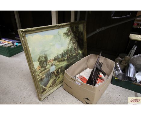 After Constable, framed print and a box containing sheet music and a music stand 
