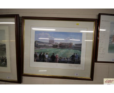 Framed and glazed print "Lords" by Alan Fearnley, pencil signed by Dennis Compton CBE