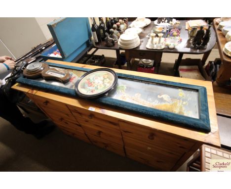 Two painted and decorated mirrors together with a floral print and an oak mounted barometer