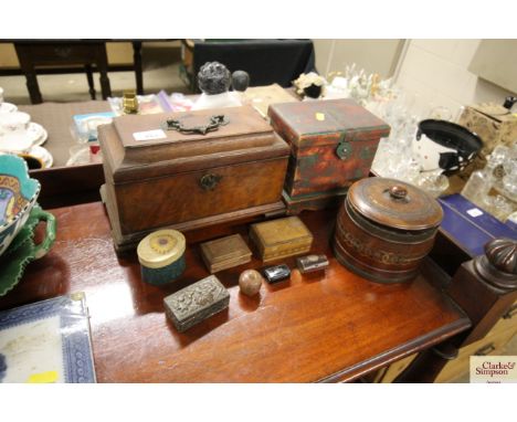 A tobacco jar and various snuff boxes; a sarcophagus caddy etc.