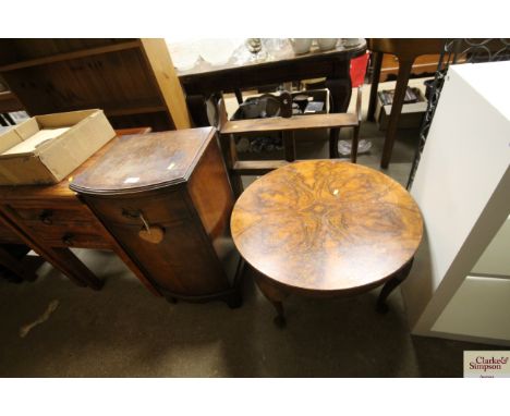 A walnut veneered bedside cupboard fitted single drawer together with a walnut veneered circular topped table and an oak and 