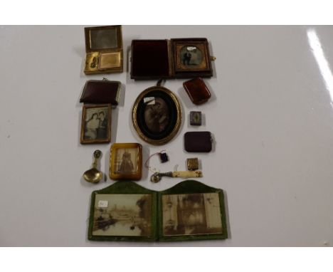 A box containing Daguerreotype; framed prints; musical compact; caddy spoons etc.