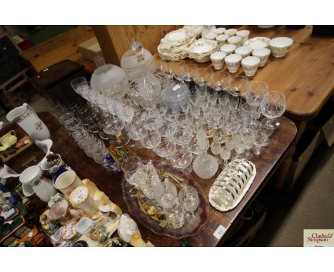 A quantity of various glassware to include glass light shades; Royal Albert goblets etc