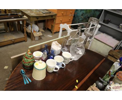 A candle lantern; two vases; various mugs; storage jars etc