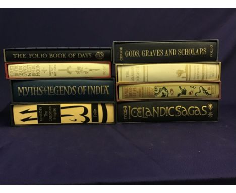 Collection of Folio Society books with outer covers including 'Gods, Graves and Scholars', 'The English Christmas', 'The Road