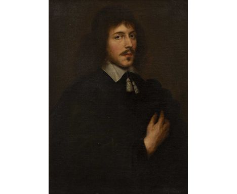 Follower of Anthony van Dyck (1599-1641)Portrait of a gentleman with shoulder length brown hair, wearing broad collar and bla