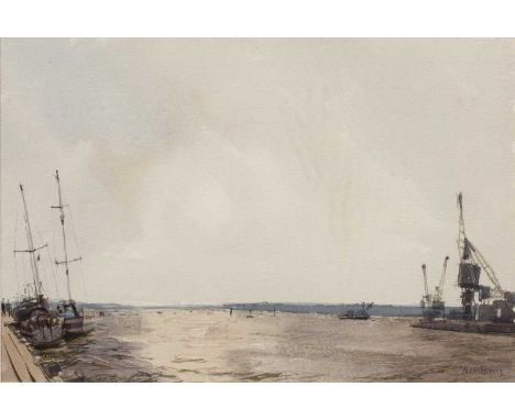 John Newberry (b. 1934)Quayside, Poole, signed, watercolour, 16 x 23cm; and two others by the same hand - Circular Garden at 