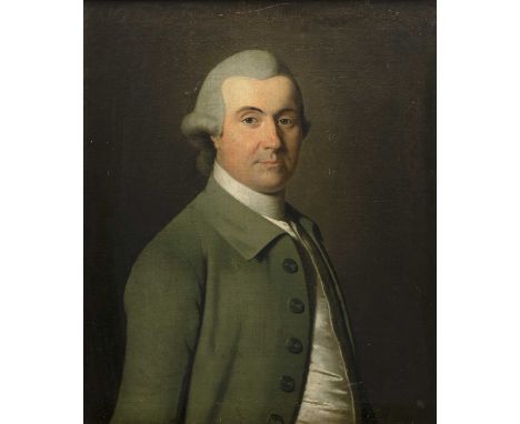 Circle of Thomas Gainsborough (1727-1788)Portrait of a gentleman wearing a buttoned grey jacket and silk waistcoat, oil on ca