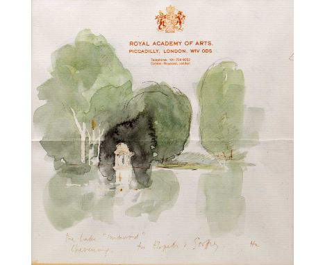 Hugh Casson (1910-1999)The Lake, Chevening, signed with initials and inscribed below, ink and watercolour on Royal Academy of