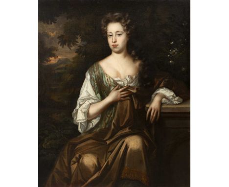 Circle of Michael Dahl (1656/59-1743)Portrait of a lady in a landscape setting, her left arm resting upon a ledge, oil on can