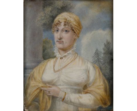 English school (early 19th century)Portrait of a lady wearing a yellow headdress, shawl and white dress, standing beside a pi