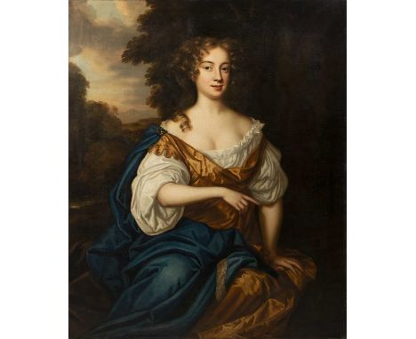 Circle of Mary Beale (1632-1697/99)Portrait of a lady wearing a brown dress and blue cape in a landscape setting, oil on canv