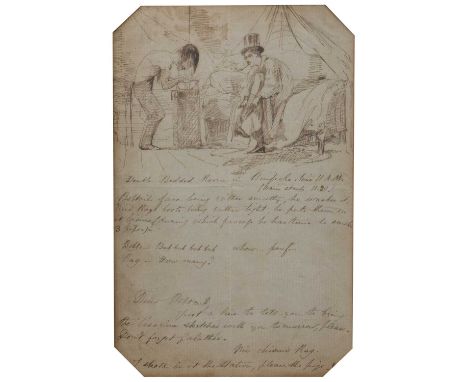 George du Maurier (1834-1896)Self portrait annotated cartoon of himself and Felix Moscheles (son of Ignaz) on holiday in Brus