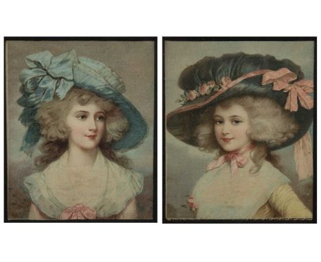 A pair of decorative portrait miniature chromo-lithographs in colours, each decorated with a lady in 18th century style, 9.5 