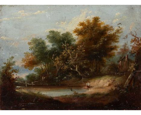 English school (19th century)Figure seated by a wooded pool, oil on panel, 13 x 17cm (unframed); together with a small oval o