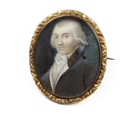 English school (late 18th century)Portrait of a gentleman wearing white stock and dark blue jacket, on ivory, in an unmarked 