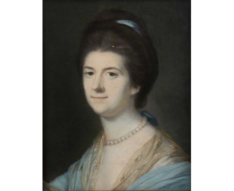 Follower of John Russell (1745-1806)Bust length portrait of a lady wearing a pearl necklace and blue ribbon, pastel, 46 x 36c