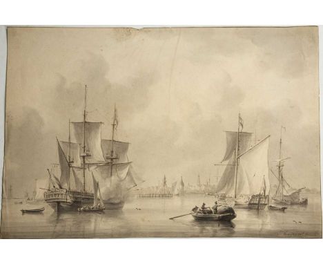 Dutch schoolSailing vessels at the entrance to a harbour, inscribed 'J van Noort fecit', pen, ink and grey washes, 34 x 50cm,