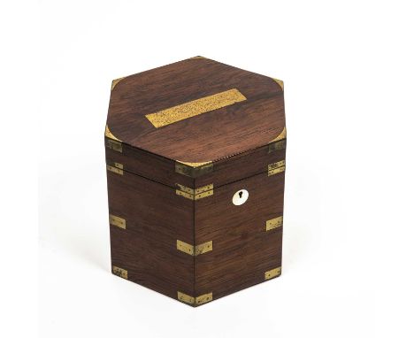 A 19th century hexagonal rosewood and brass bound concertina case with hinged lid and velvet lined interior, 21cm wide