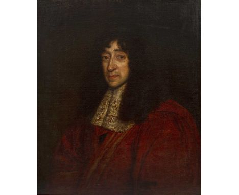 Circle of John Riley (1646-1691)Portrait of a gentleman, possibly Charles II wearing lace collar and red cloak, oil on canvas