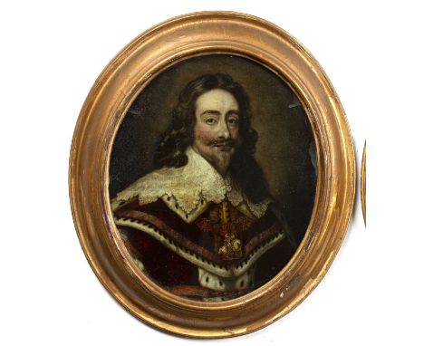 An 18th century reverse print on glass Charles I,16 x 13.5cm, oval; and companion, a pair (2)