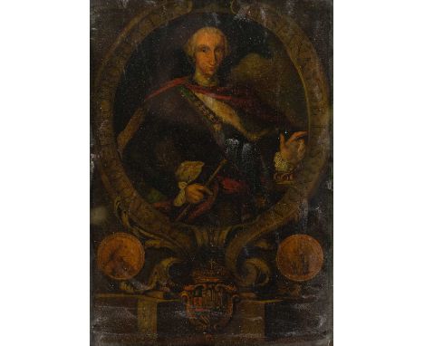 A reverse glass print - 'Carlos Tercero Rey de Espana Y De Las Indias', hand-coloured, 37 x 26cm