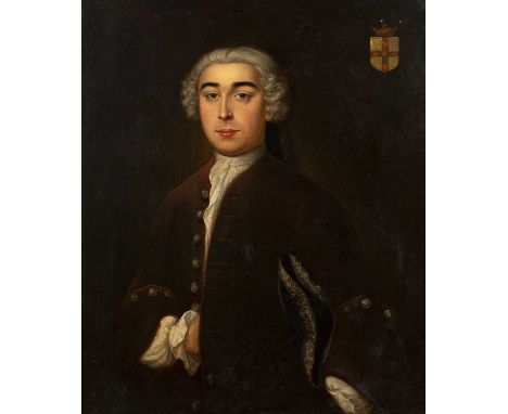 English school (early 18th century)Portrait of a gentleman wearing powdered wig, buttoned red tunic and white stock, an armor
