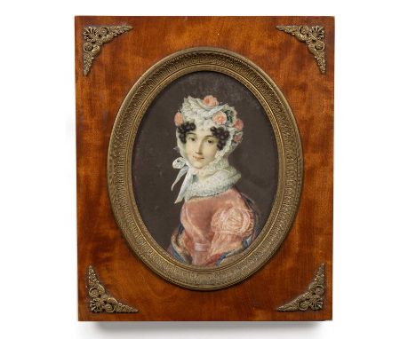 English school (late 19th century)Bust length portrait of a lady wearing floral bonnet tied by a ribbon and cerise dress, on 