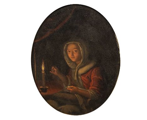 19th century in the manner of Frans van MierisA lady at candle light, inscribed verso 'Mieris Fiammingo 1860 Domini', oil on 