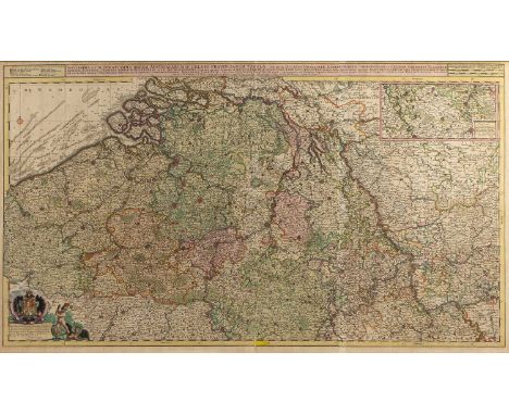 Joachim Ottens'The Southern Netherlands', engraving with coat of arms to bottom left corner, hand-coloured, 51 x 89cm; togeth