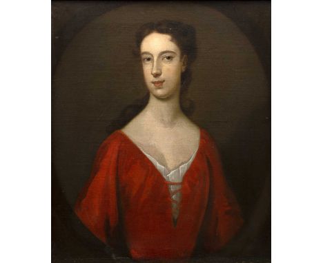 Circle of Bartholomew Dandridge (1691-c.1754)Portrait of a lady wearing a red dress in feigned oval, oil on canvas, 75 x 62cm