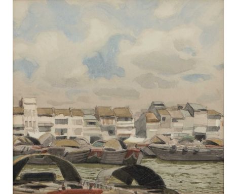 John Newberry (b. 1934)Singapore river with Barges, signed, watercolour, 15 x 16cm; and four further Singapore views by the s
