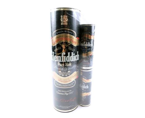 A Glenfiddich Single Malt Scotch Whisky, 75cl bottle, and two miniatures in cardboard sleeve. 