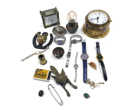 Miscellaneous items, to include two fox mask door knockers, a reproduction brass ship's clock, rectangular carriage clock, dr