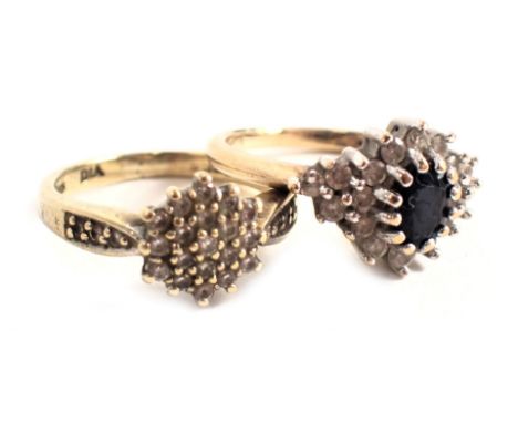 Two dress rings, comprising a blue and white stone cluster ring, yellow metal stamped 9kt, and a diamond cluster ring set in 