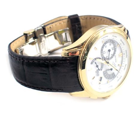 A Citizen Eco Drive chronograph wristwatch, with the perpetual calendar WR100 model, on a white dial, in a gold plated and st