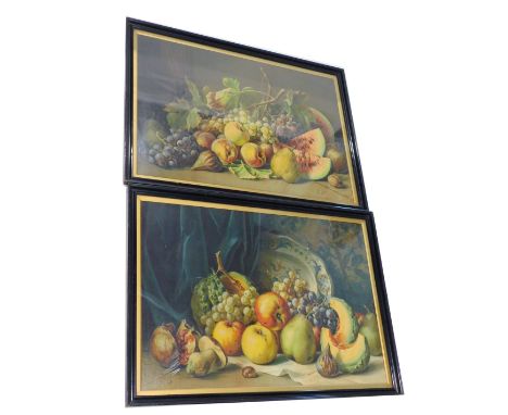 After Gr J. Still lives with fruit, coloured prints, a pair, 38cm x 67cm. 