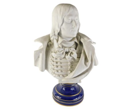 A late 19thC Sevres bisque porcelain bust of General Marceau, modelled wearing uniform on a cobalt blue and gilt glazed socle