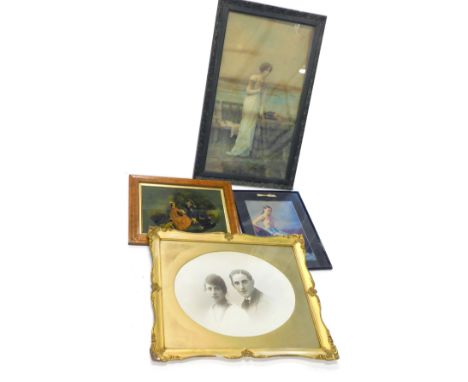 A print on glass titled The Garden, in maple frame, double photographic portrait in gilt frame, print of a lady, and a 1920s 