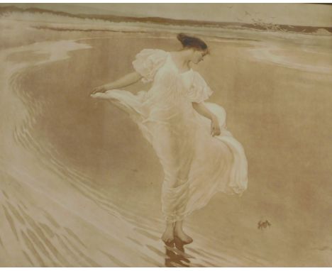 After William Henry Margetson. Cushion of the Sea Hath Its Pearls, coloured artist signed sepia print, also signed John Webb,