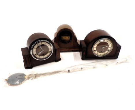 Three oak cased mantel clock cases, Smiths and others, pendulums, clock case movement. (AF) 